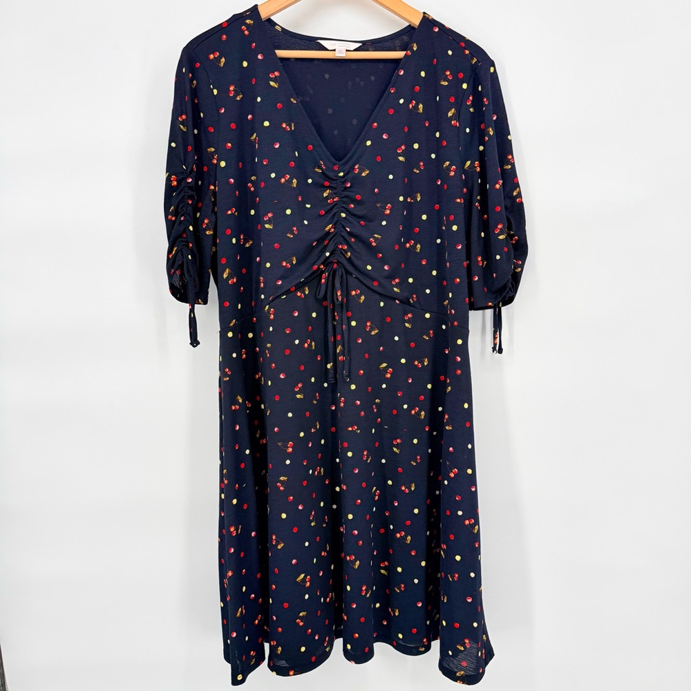 LC Lauren Conrad Black Cherry Print Dress XL Ruched Mini Rockabilly Retro Pinup - Picture 3 of 14